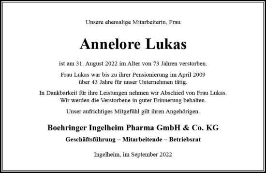 Traueranzeige von Annelore Lukas von vrm-trauer Allgemeine  Zeitung Ingelheim-Bingen
