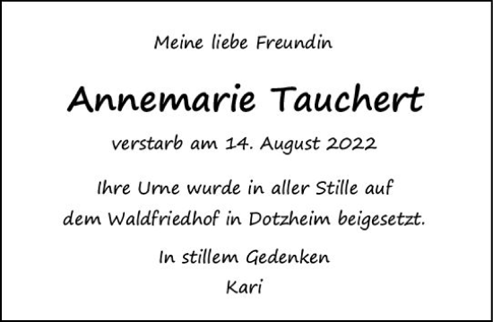 Traueranzeige von Annemarie Tauchert von vrm-trauer Wiesbadener Kurier