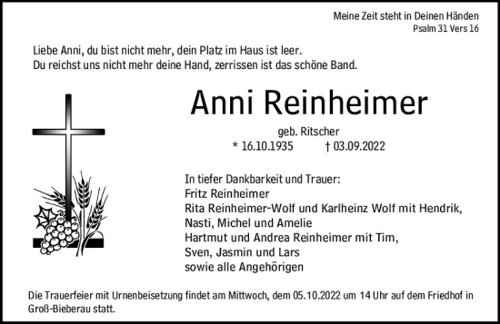 Traueranzeige von Anni Reinheimer von vrm-trauer Darmstädter Echo