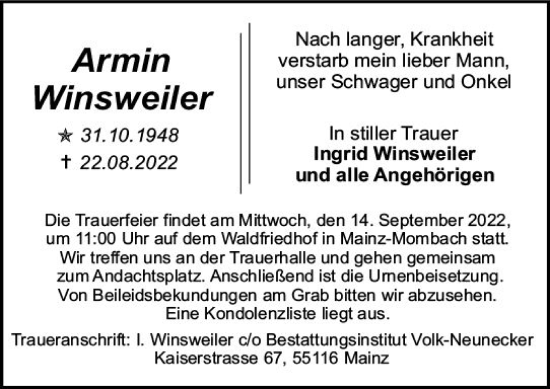 Traueranzeige von Armin Winsweiler von vrm-trauer AZ Mainz