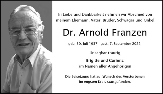 Traueranzeige von Arnold Franzen von vrm-trauer Wiesbadener Kurier