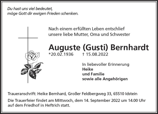 Traueranzeige von Auguste Bernhardt von vrm-trauer Idsteiner Zeitung