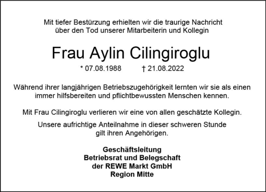 Traueranzeige von Aylin Cilingiroglu von vrm-trauer Rüsselsheimer Echo / MainSpitze