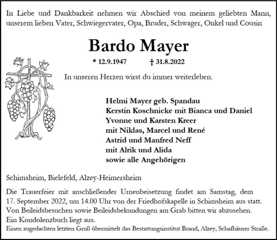 Traueranzeige von Bardo Mayer von vrm-trauer Allgemeine Zeitung Alzey