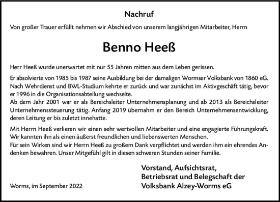 Traueranzeige von Benno Heeß von vrm-trauer Wormser Zeitung