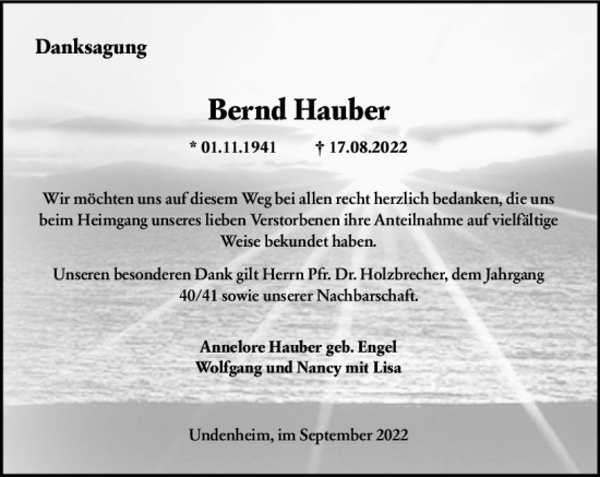 Traueranzeige von Bernd Hauber von vrm-trauer AZ Mainz
