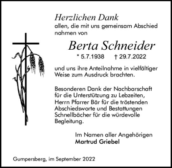 Traueranzeige von Berta Schneider von vrm-trauer Odenwälder Echo