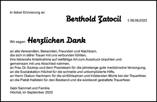 Traueranzeige von Berthold Zatocil von vrm-trauer Odenwälder Echo