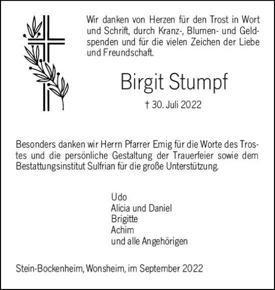 Traueranzeige von Birgit Stumpf von vrm-trauer Allgemeine Zeitung Alzey