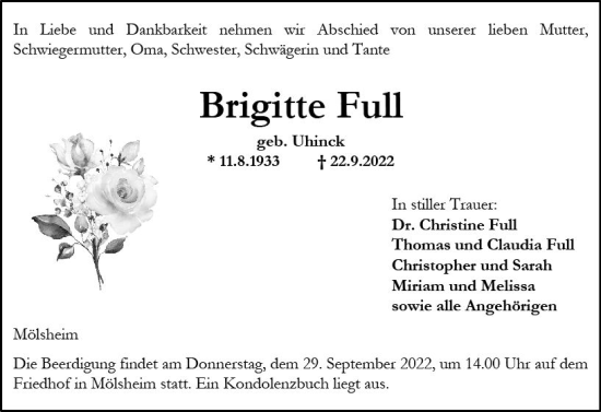 Traueranzeige von Brigitte Full von vrm-trauer Wormser Zeitung
