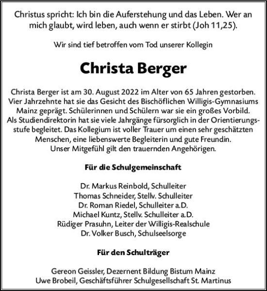 Traueranzeige von Christa Berger von vrm-trauer AZ Mainz