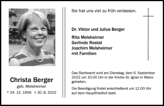Traueranzeige von Christa Berger von vrm-trauer AZ Mainz
