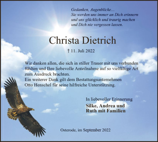 Traueranzeige von Christa Dietrich von vrm-trauer DieburgerAnzeiger/Groß-Zimmerner Lokala