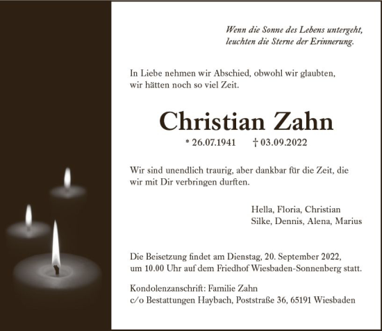 Traueranzeige von Christian Zahn von vrm-trauer Wiesbadener Kurier