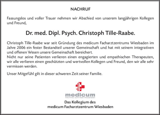 Traueranzeige von Christoph Tille-Raabe von vrm-trauer Wiesbadener Kurier