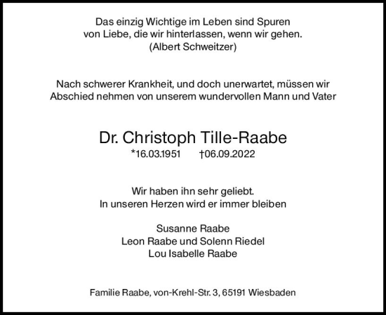 Traueranzeige von Christoph Tille-Raabe von vrm-trauer Wiesbadener Kurier