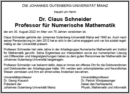 Traueranzeige von Claus Schneider von vrm-trauer AZ Mainz