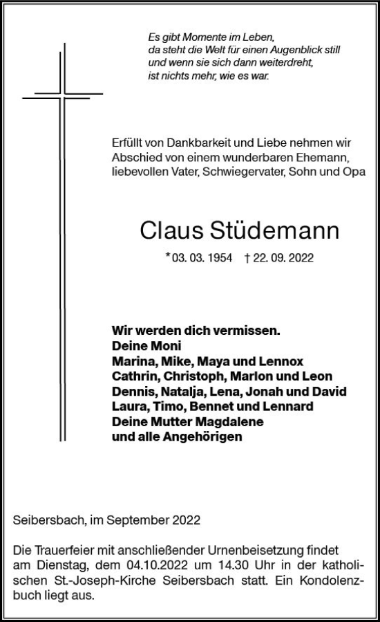 Traueranzeige von Claus Stüdemann von vrm-trauer Allg. Zeitung Bad Kreuznach