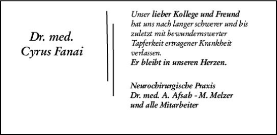 Traueranzeige von Cyrus Fanai von vrm-trauer Wiesbadener Kurier