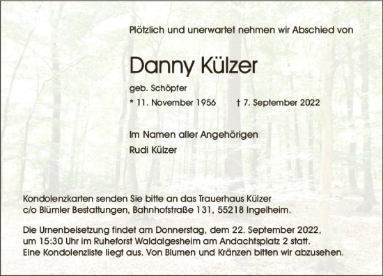 Traueranzeige von Danny Külzer von vrm-trauer Allgemeine  Zeitung Ingelheim-Bingen