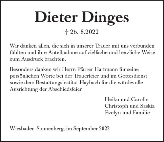 Traueranzeige von Dieter Dinges von vrm-trauer Wiesbadener Kurier