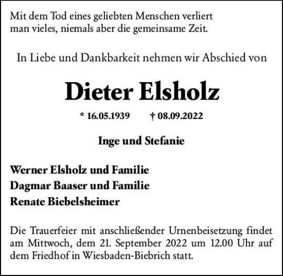 Traueranzeige von Dieter Elsholz von vrm-trauer Wiesbadener Kurier