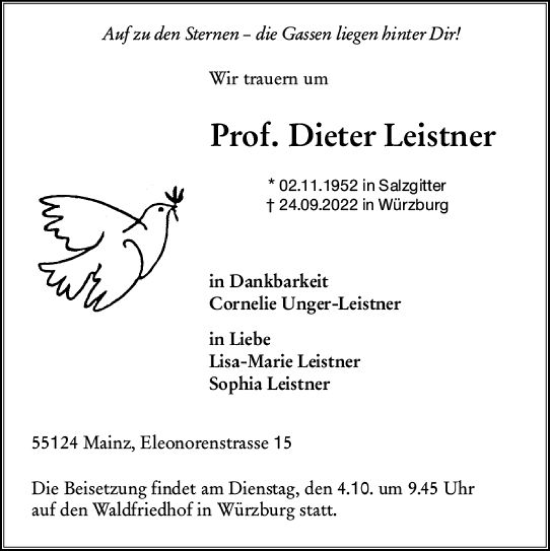 Traueranzeige von Dieter Leistner von vrm-trauer AZ Mainz