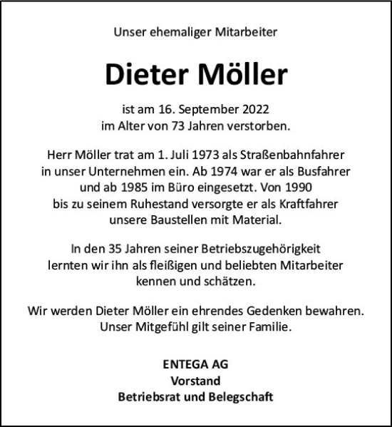 Traueranzeige von Dieter Möller von vrm-trauer Odenwälder Echo