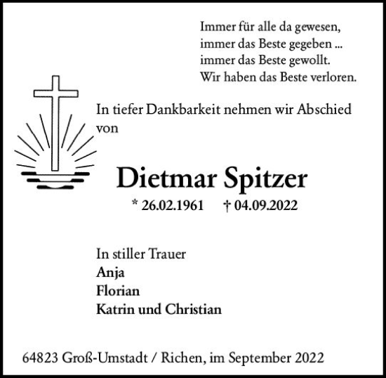 Traueranzeige von Dietmar Spitzer von vrm-trauer Darmstädter Echo