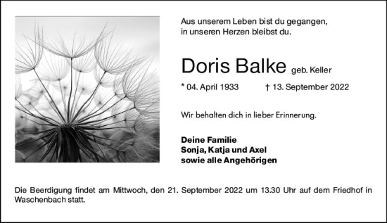 Traueranzeige von Doris Balke von vrm-trauer Darmstädter Echo