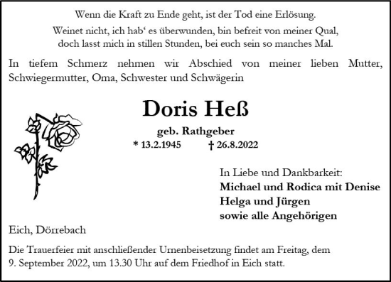 Traueranzeige von Doris Heß von vrm-trauer Wormser Zeitung