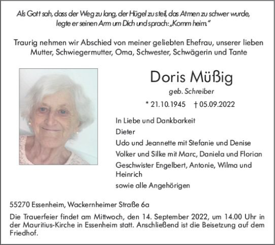 Traueranzeige von Doris Müßig von vrm-trauer AZ Mainz
