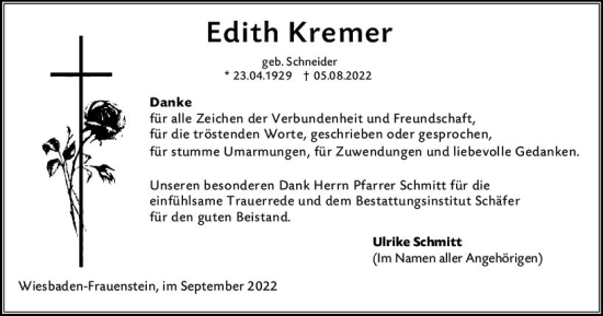 Traueranzeige von Edith Kremer von vrm-trauer Wiesbadener Kurier