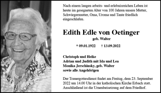 Traueranzeige von Edith Edle von Oetinger von vrm-trauer Wiesbadener Kurier