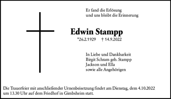 Traueranzeige von Edwin Stampp von vrm-trauer Wormser Zeitung