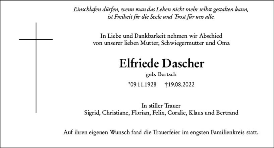 Traueranzeige von Elfriede Dascher von vrm-trauer Odenwälder Echo