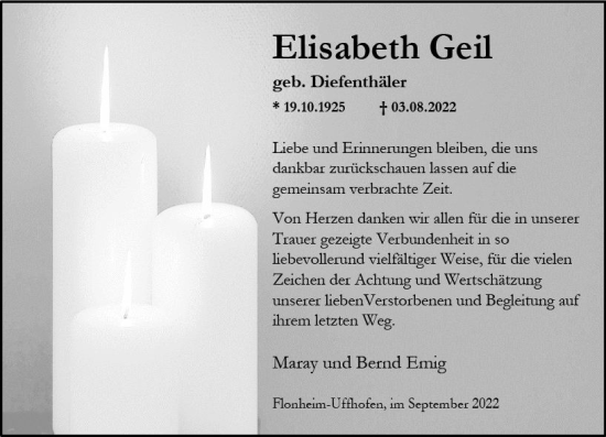 Traueranzeige von Elisabeth Geil von vrm-trauer Allgemeine Zeitung Alzey