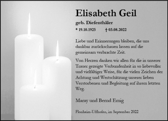 Traueranzeige von Elisabeth Geil von vrm-trauer Allgemeine Zeitung Alzey