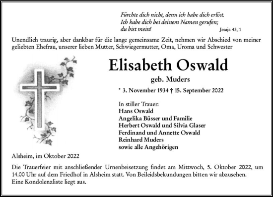 Traueranzeige von Elisabeth Oswald von vrm-trauer AZ Mainz