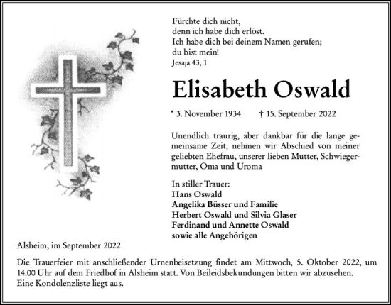 Traueranzeige von Elisabeth Oswald von vrm-trauer Wormser Zeitung