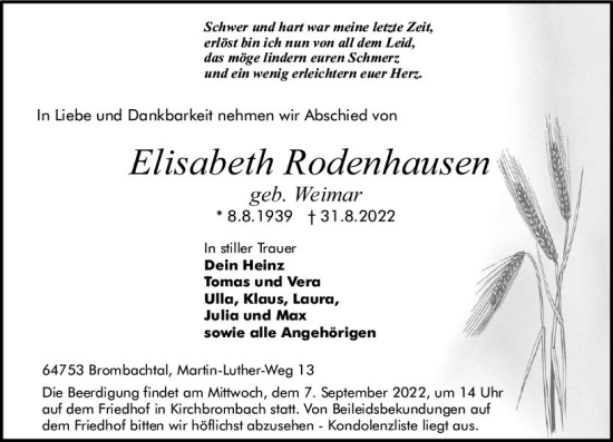 Traueranzeige von Elisabeth Rodenhausen von vrm-trauer Odenwälder Echo