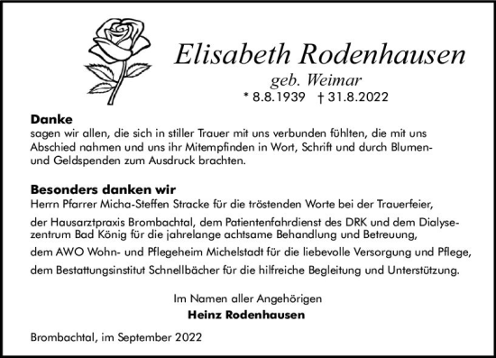 Traueranzeige von Elisabeth Rodenhausen von vrm-trauer Odenwälder Echo