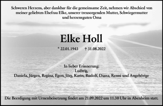 Traueranzeige von Elke Holl von vrm-trauer Wormser Zeitung