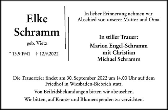 Traueranzeige von Elke Schramm von vrm-trauer Wiesbadener Kurier