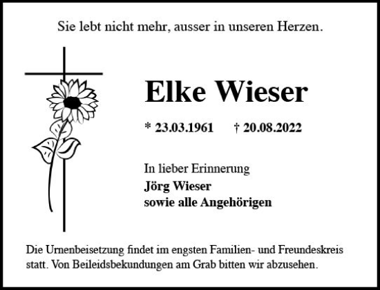 Traueranzeige von Elke Wieser von vrm-trauer Wiesbadener Kurier