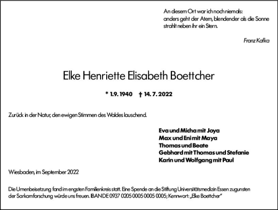 Traueranzeige von Elke Henriette Elisabeth Boettcher von vrm-trauer Wiesbadener Kurier