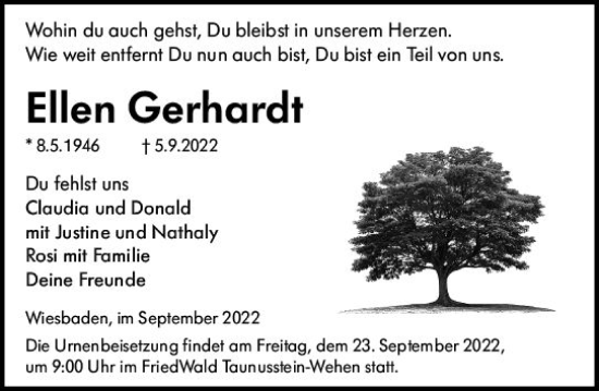 Traueranzeige von Ellen Gerhardt von vrm-trauer Wiesbadener Kurier