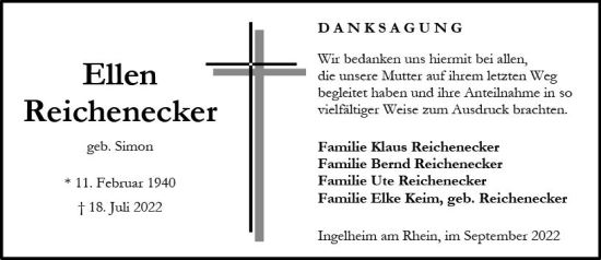 Traueranzeige von Ellen Reichenecker von vrm-trauer Allgemeine  Zeitung Ingelheim-Bingen