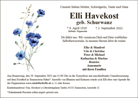 Traueranzeige von Elli Havekost von vrm-trauer WK-UTA