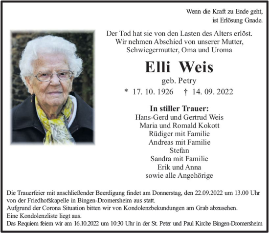 Traueranzeige von Elli Weis von vrm-trauer Allgemeine  Zeitung Ingelheim-Bingen